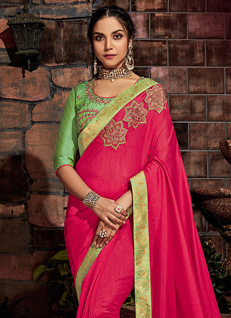 Buy Pink Embroidered Art Silk Saree, Embroidered, sari Online Shopping