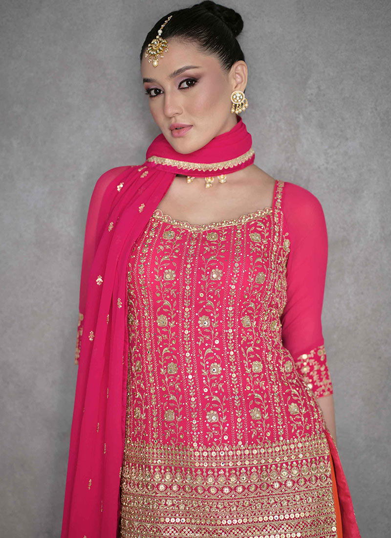 Pink Silk Embroidered Sequins With Mirror Work Salwar Suit Festive Wear