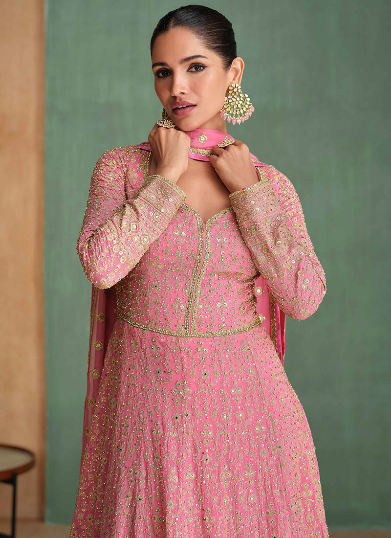 Shop Pink Georgette Embroidered Sequins A Line Regal Anarkali Suit ...