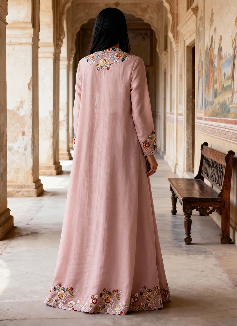 Real Georgette Pink Embroidered Indo Western Lehenga Suit