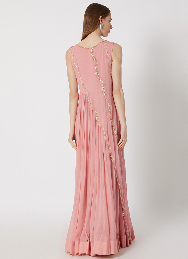 Sangeet Party Wear Pink Georgette Silk Indo Western Kalidar Kurta Gown