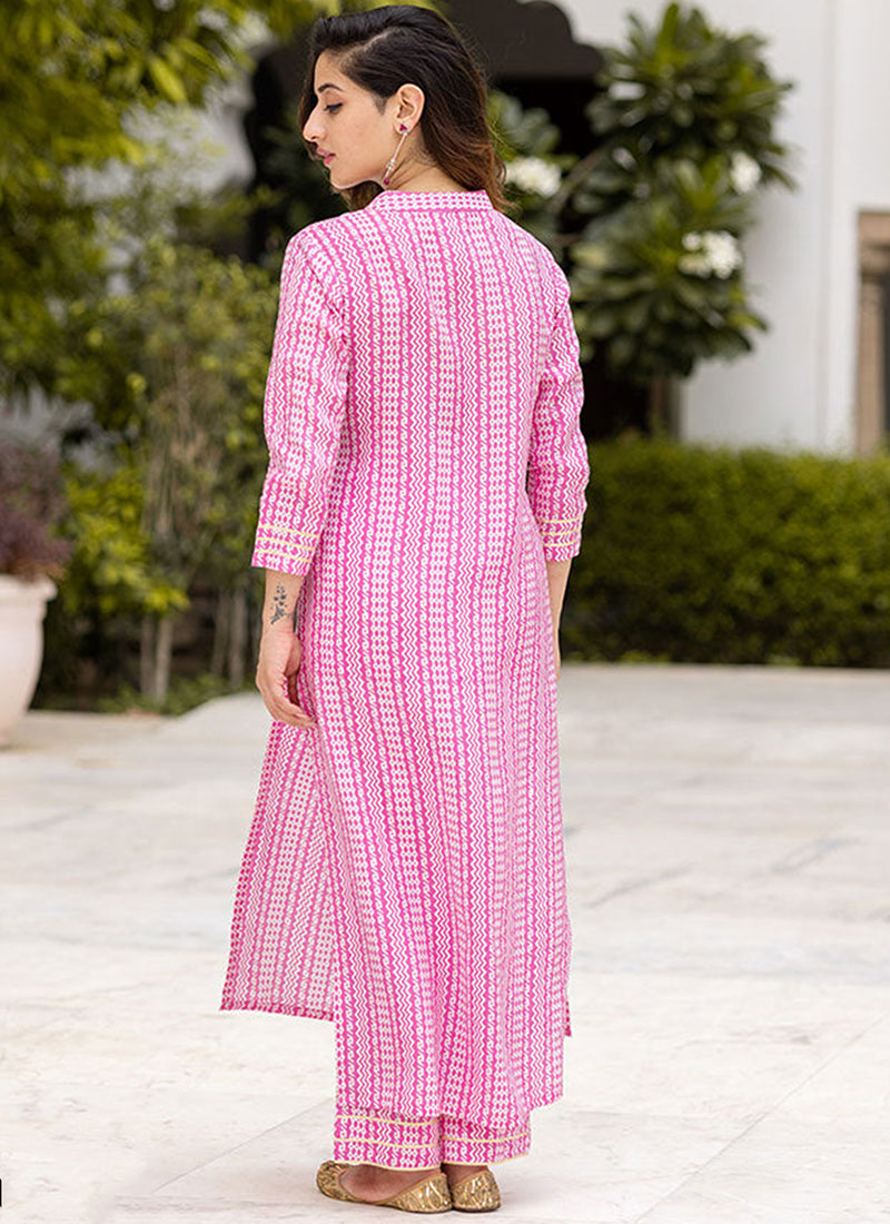 Pink Printed Straight Kurta Trousers Set main image 0