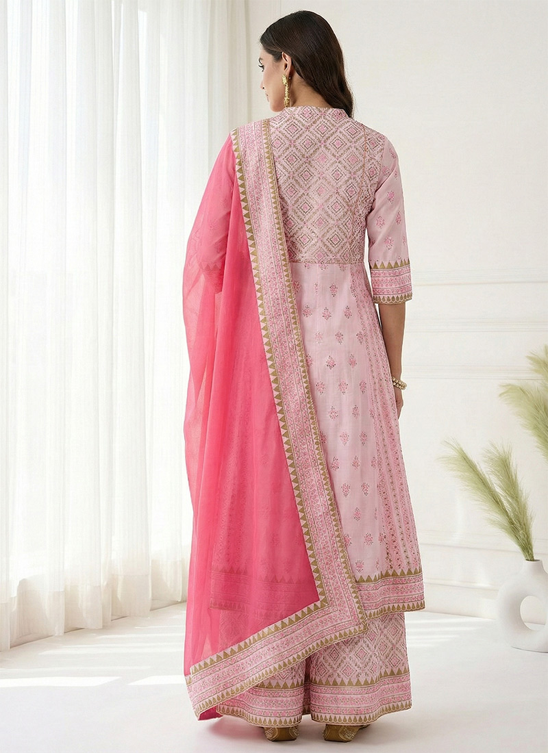 Pink Wedding Festive Embroidered Palazzo Suit