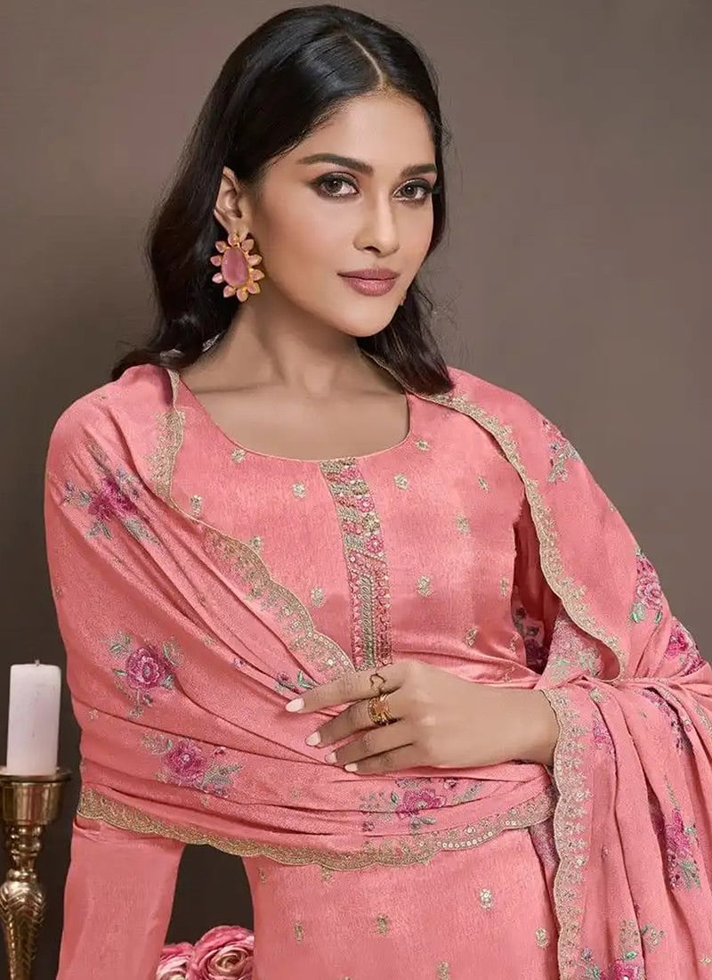 Pink Designer Heavy Semi-Stitched Pant Suit With Embroidery Sequence Work main image 1