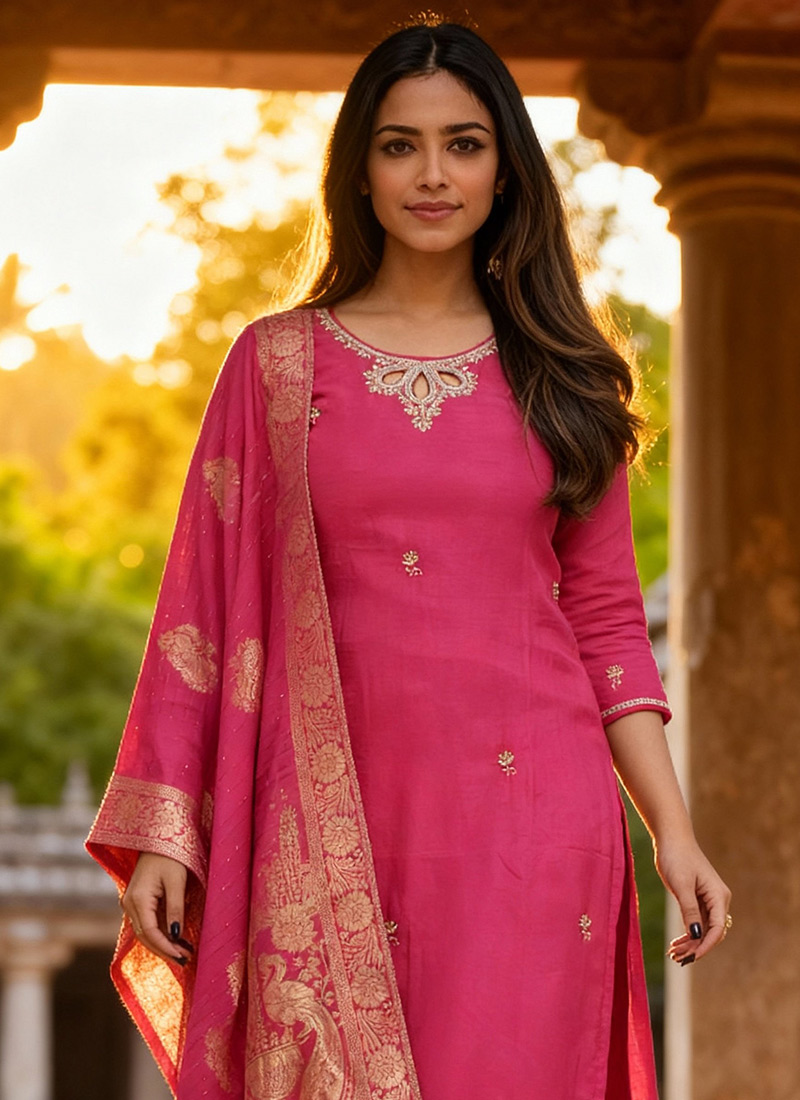Pink Designer Readymade Chanderi Pant Suit With Wevon Jacquard Designer