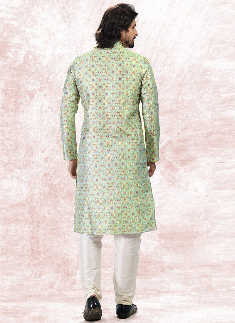 Pista Green Kurta Art Embroidered Banarasi Silk Aligadhi Pant main image 0