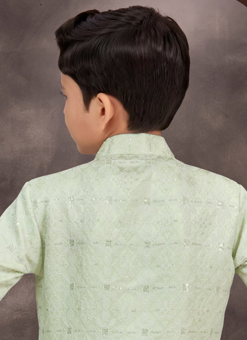 Shop Pista Green Jacquard Banarasi Silk Thread Sequins Kids Boys ...