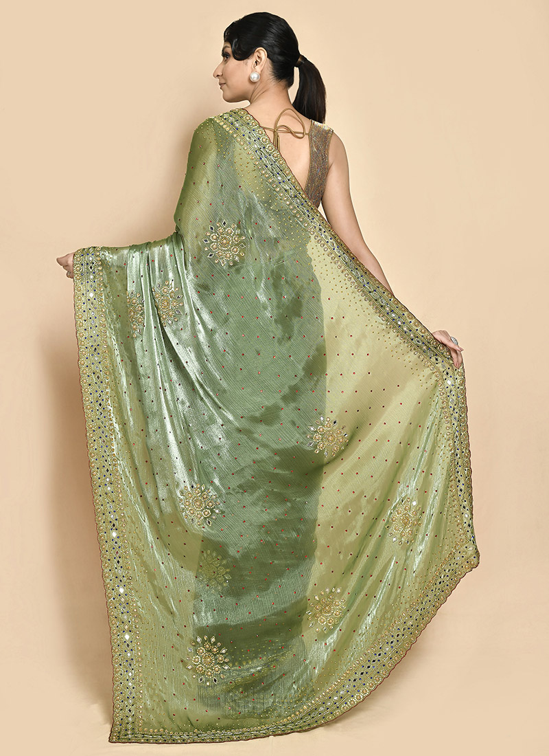 Fabulous Pista Organza Tissue Embroidered Designer Saree