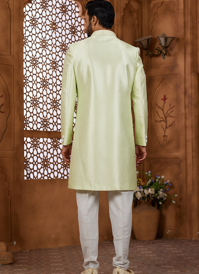 Pista Green Silk Sherwani Set With Bead Work main image 0