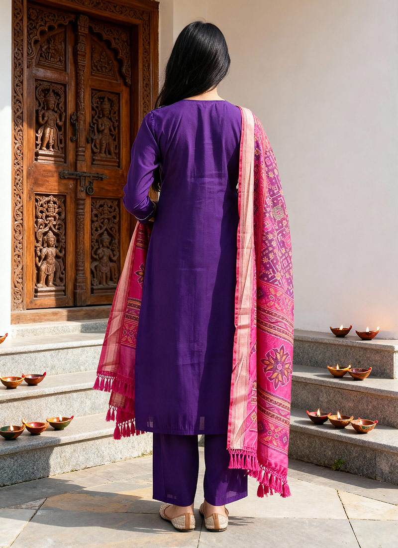 Purple Printed Pure Cotton Straight Suit Sets With Dupatta main image 0