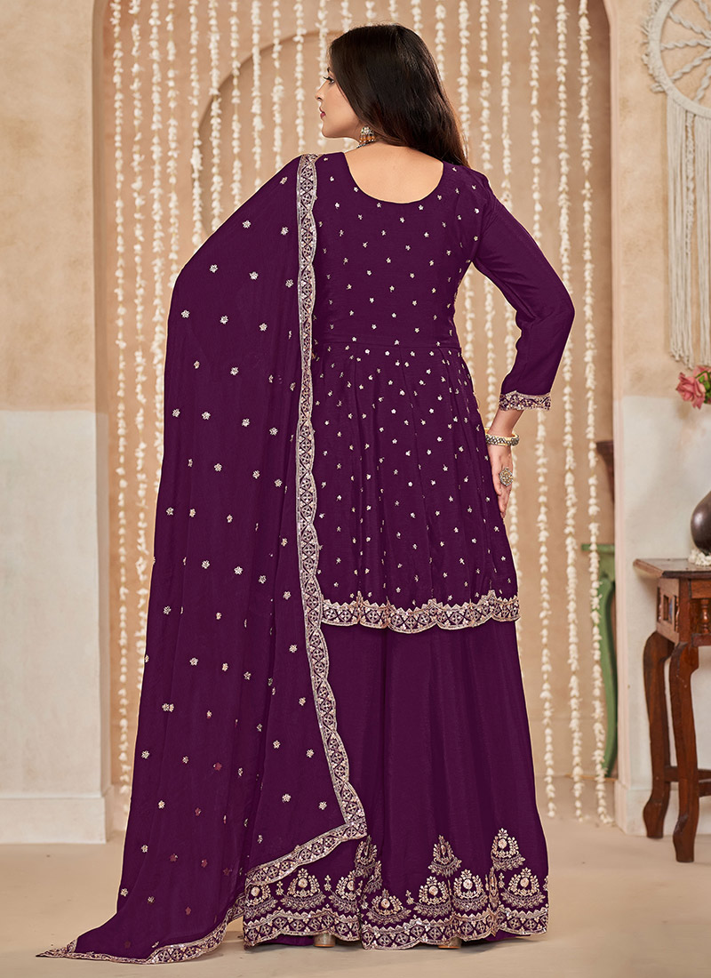 Heavy Chinon Plum Purple Sequins Festive Gharara Suit