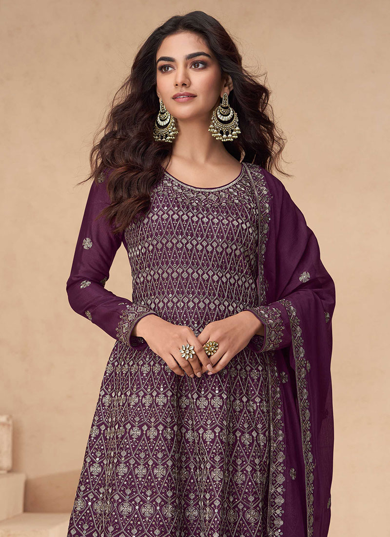 Women Violet Chinon Silk Embroidered Salwar Suit