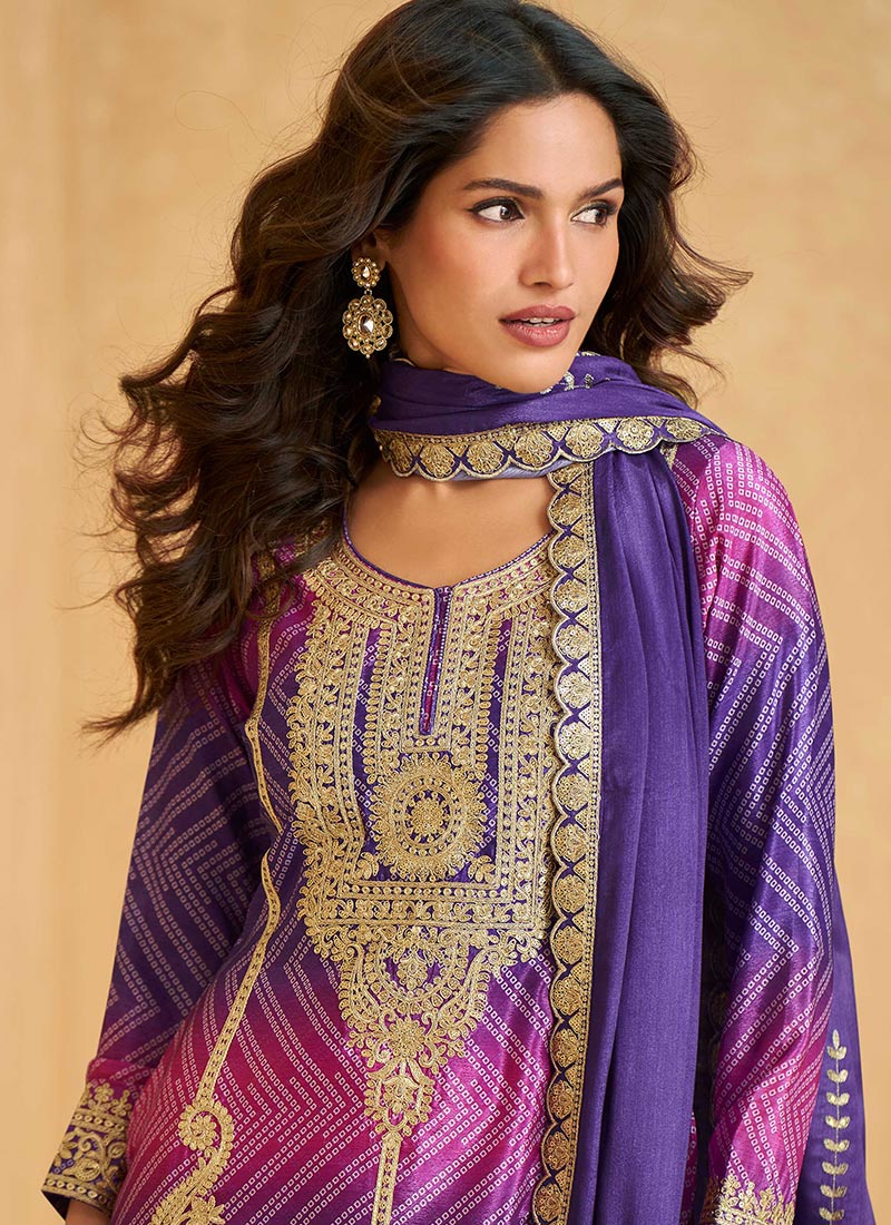 Pink Readymade Embroidered Chinon Silk Palazzo Suit