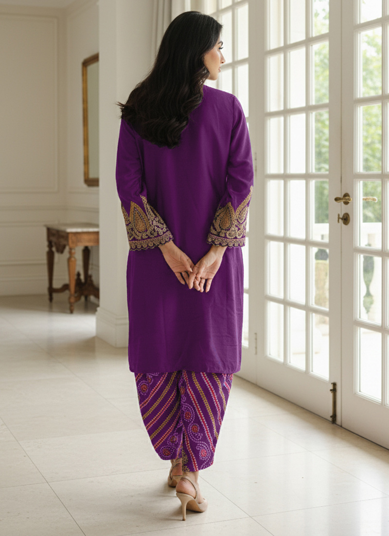 Women Violet Chinon Silk Embroidered Designer Dhoti Suit