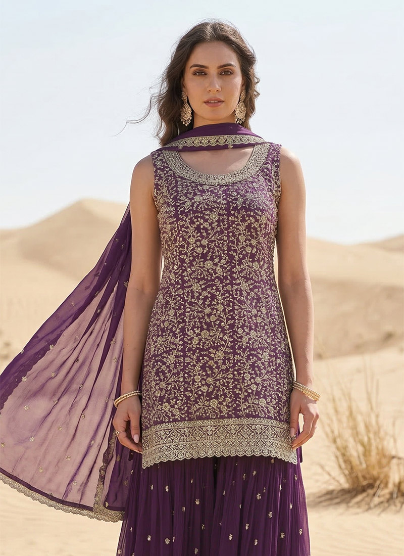 Elegant Taupe & Mauve Embroidered Palazzo Set main image 1