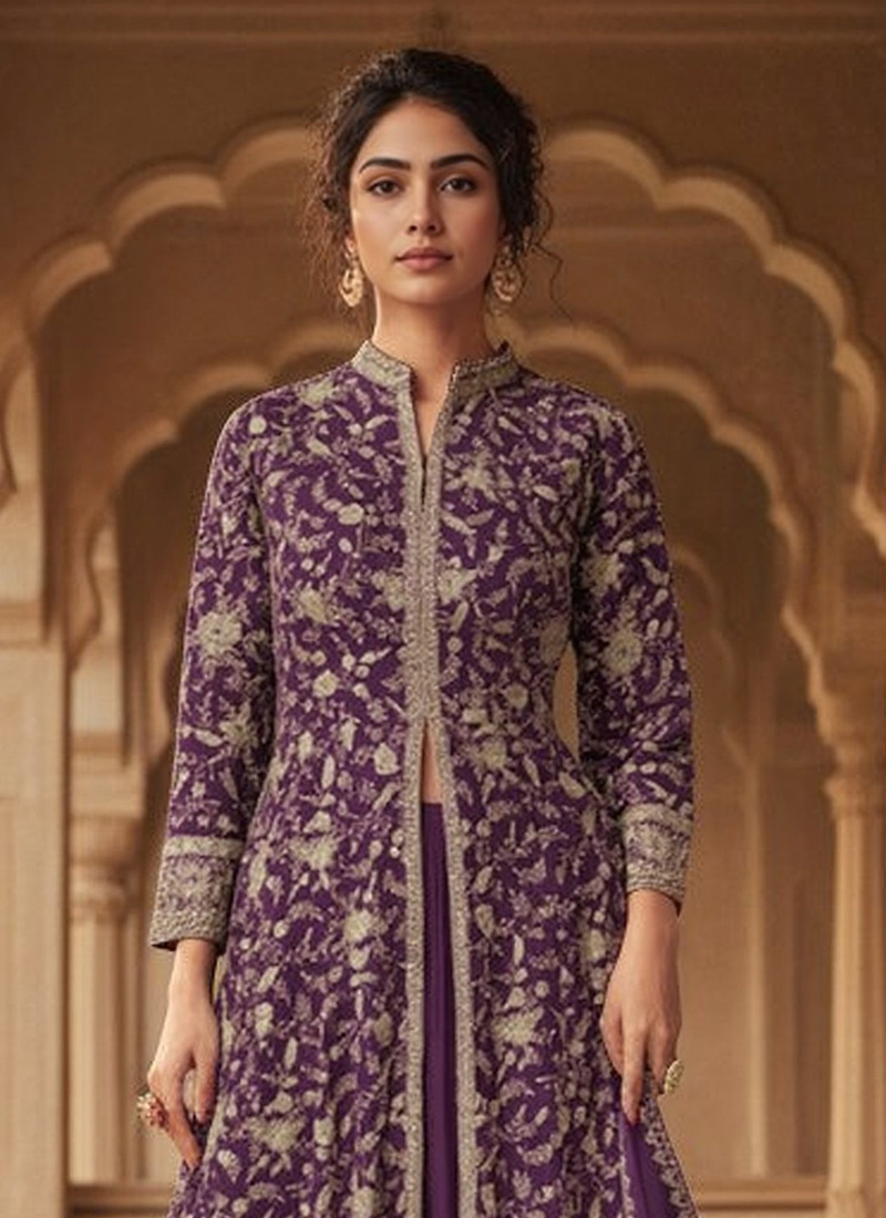 Purple Georgette Anarkali Set For Indian & Pakistani Wedding Festival occasion - Thread & Sequence Embroidery
