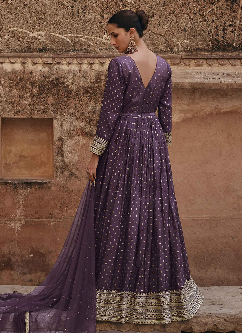 Buy Purple Jacquard Silk Embroidered Dresses and Gown Party Wear Online