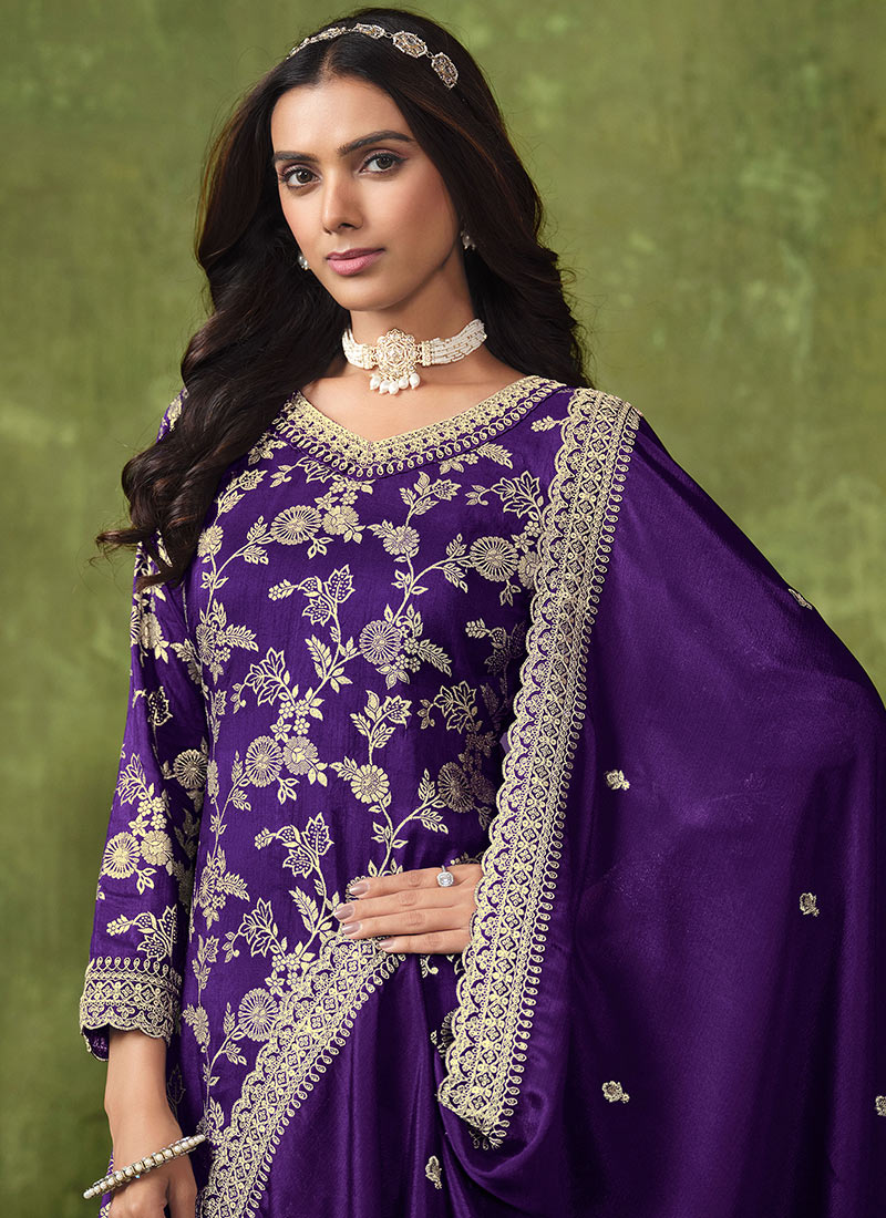 Women Violet Roman Silk Embroidered Palazzo Suit