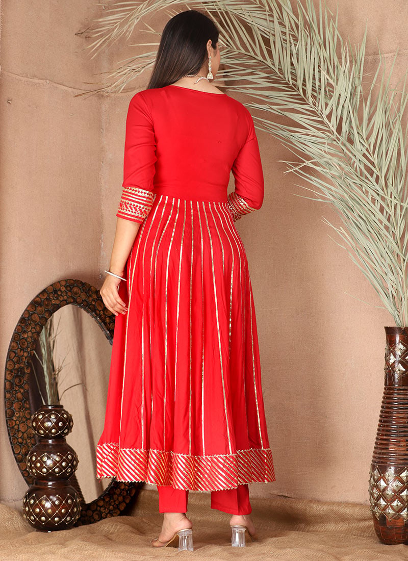 Women Red Gota Detail Anarkali Maxi Dress
