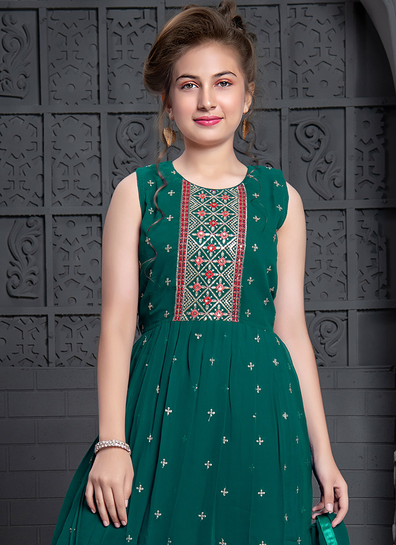 Kids Green Embroidered Georgette Suit Set