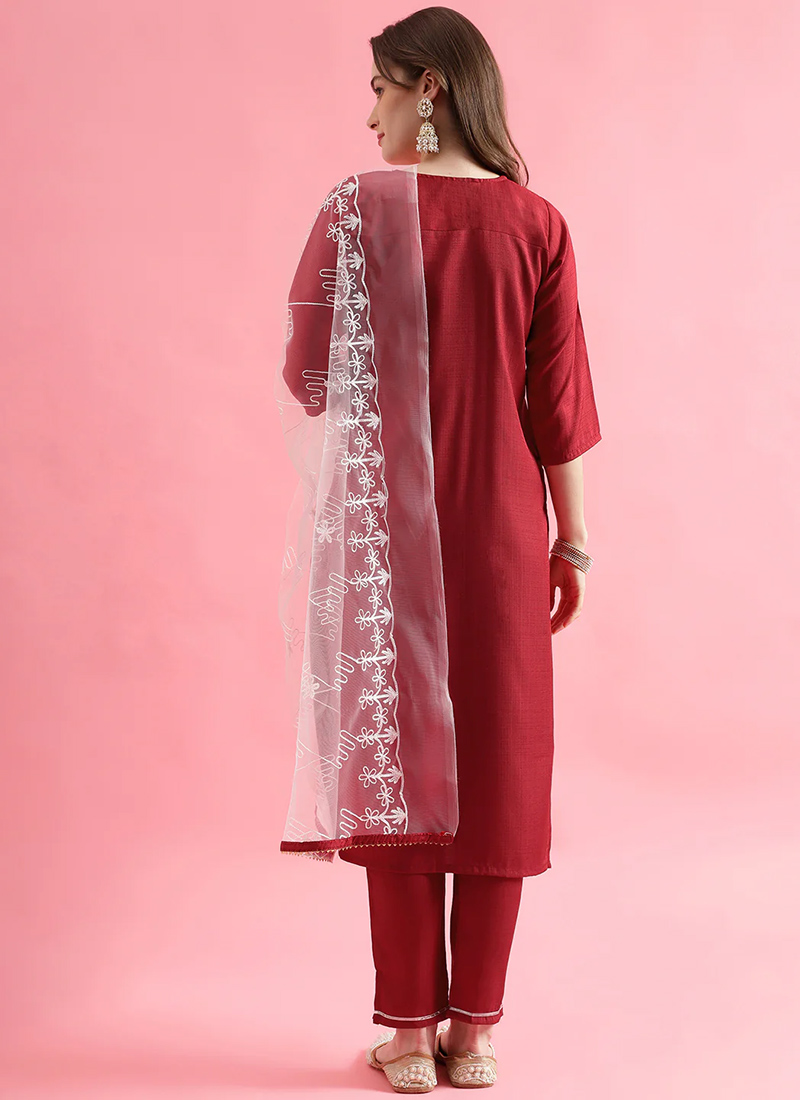 Shop Red Art Silk Embroidered Straight Pant Suit After Six Wear Online