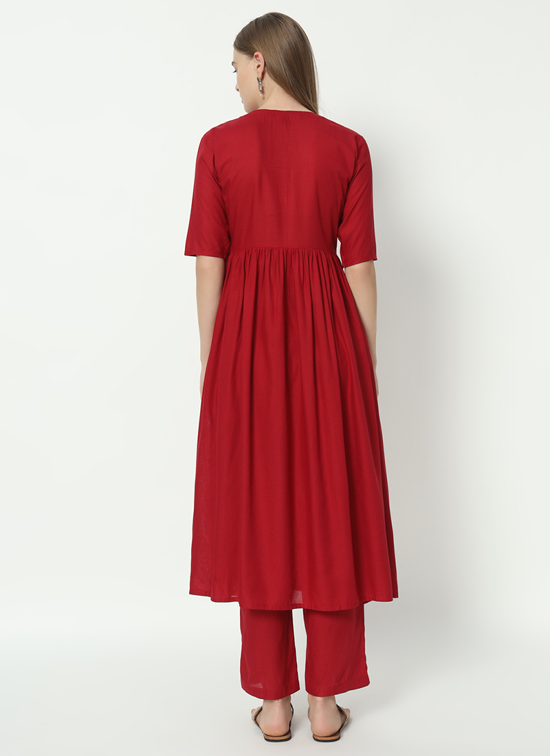Red Straight Kurta And Trouser Set