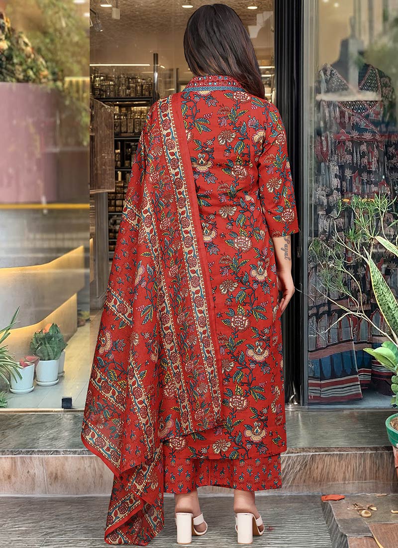 Red Cotton Palazzo Suit