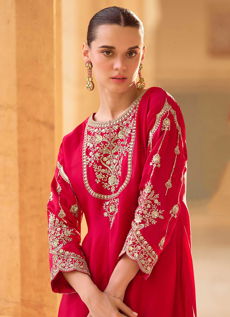 Enticing Red Heavy Chinnon Tulip Style Dhoti Suit