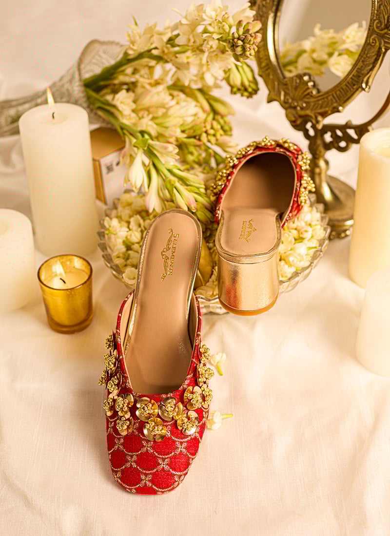 Red Embroidered With Moti Work Heels Juti-WFWD5EMH033 Red Embroidered With Moti Work Heels Juti-WFWD5EMH033