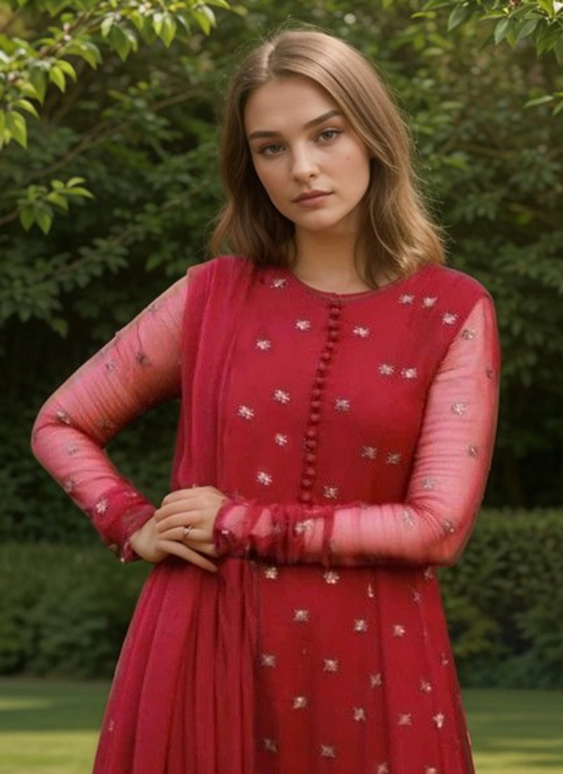 Red Net Embroidered Sequins High Slit A line Anarkali Suit Festive Wear