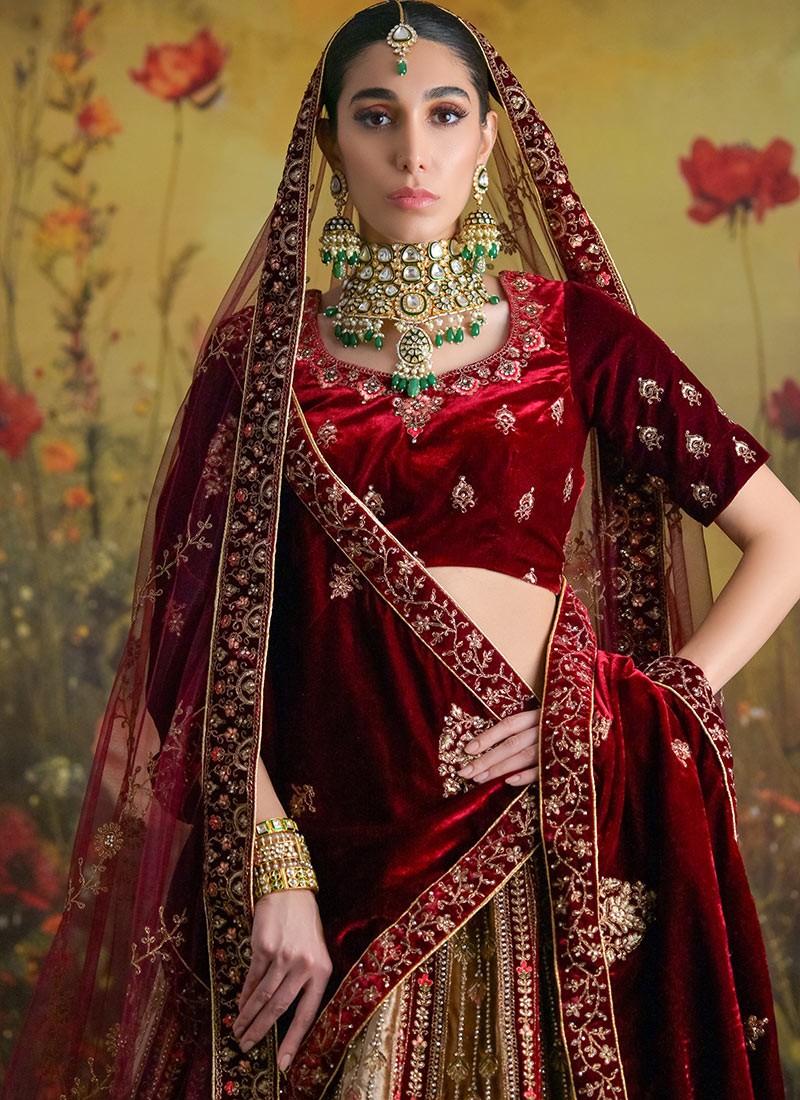 Red Sequins & Zari Embroidered Wedding Lehenga Choli