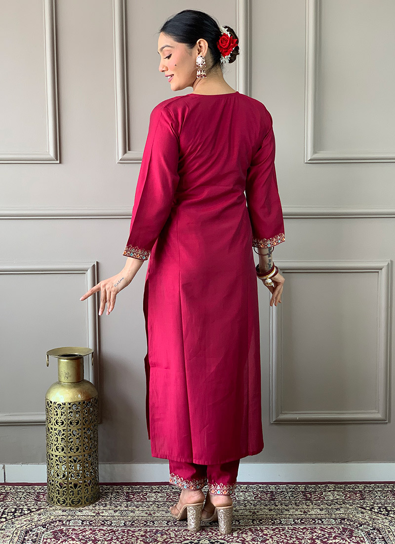 Women's Navy Blue Viscose Chanderi Embroidered Straight Kurta Pant With Dupatta