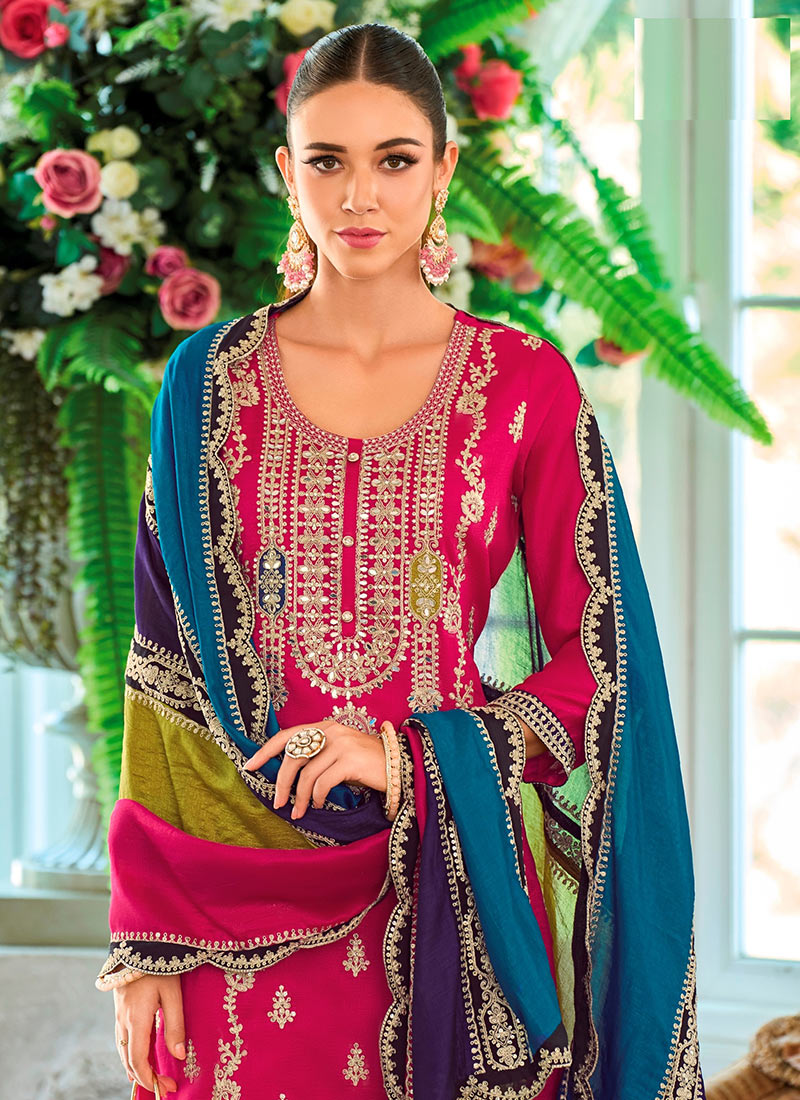 Buy Regal Rani Pink Chinon Zari Embroidered With Stone Sequins ...