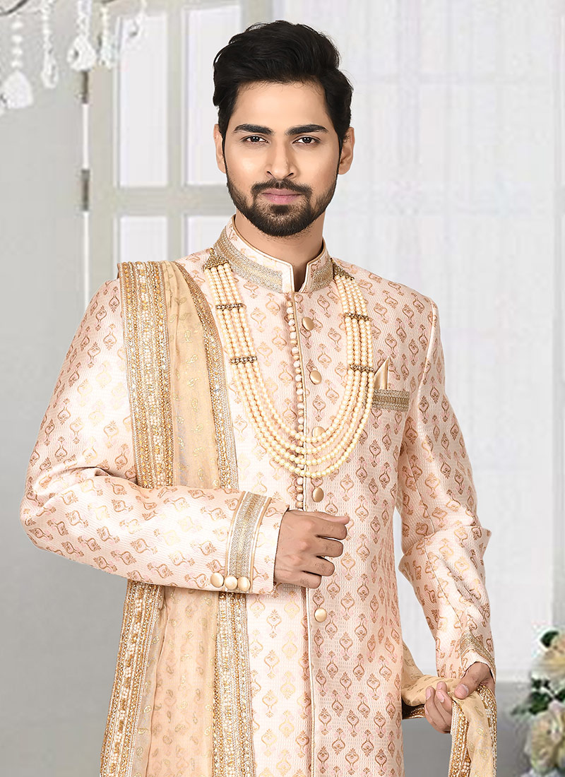 Buy Rose Pink Jacquard Silk Classic Sherwani, Jacquard , Embroidered
