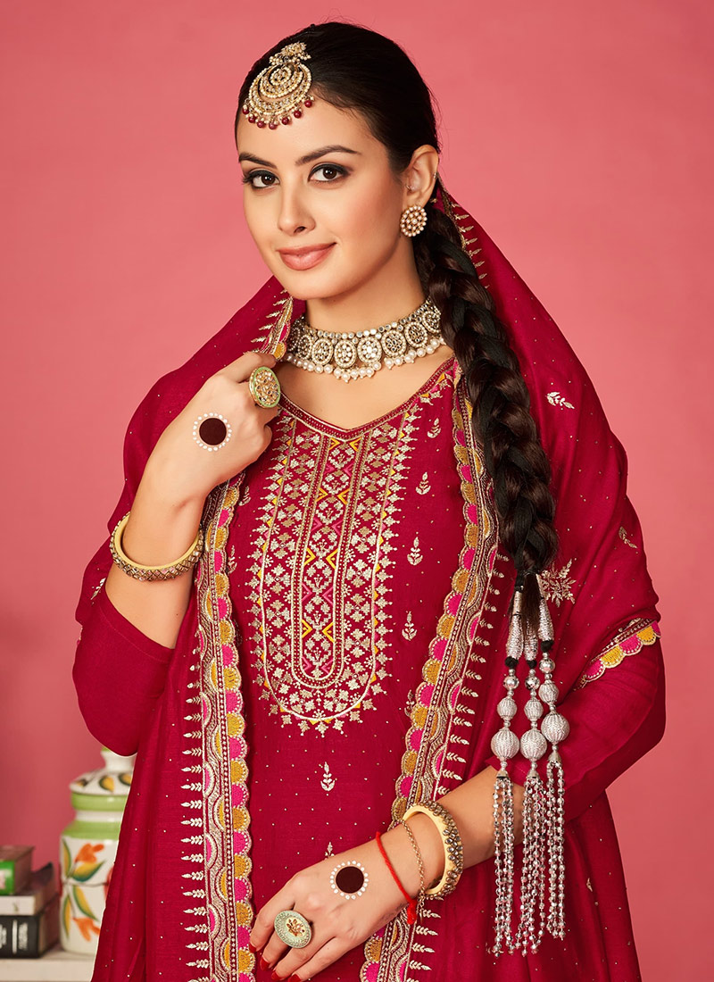 Designer Traditional Wear Viscose Silk Salwar Suit Red Viscose Silk Pant Straight