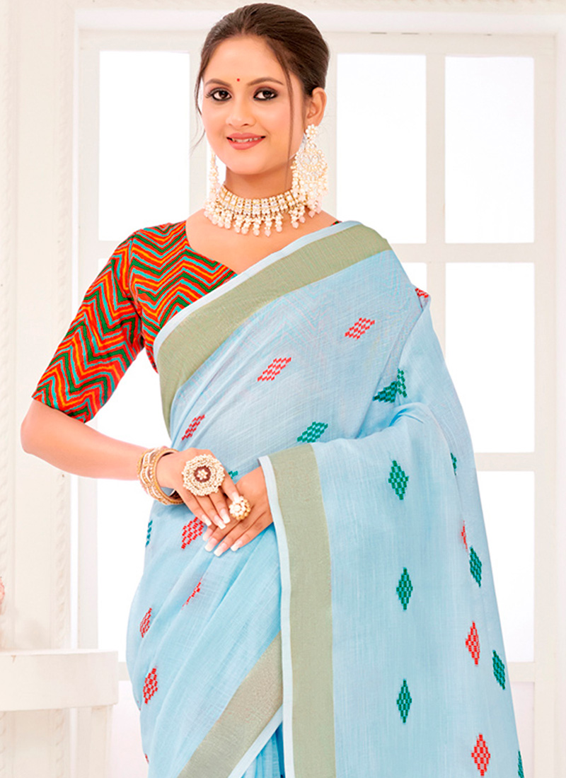 Buy Sky Blue Linen Thread Embroidered Saree Festive Wear Online at Best
