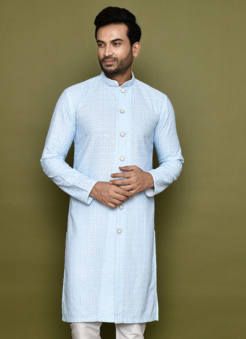 Lucknowi  Kurta Pajama Set in Light Blue- LCKP-009
