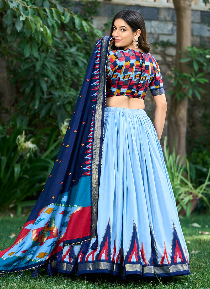 Blue Tussar Silk Foil Print Lehenga Choli with Embroidered Dupatta