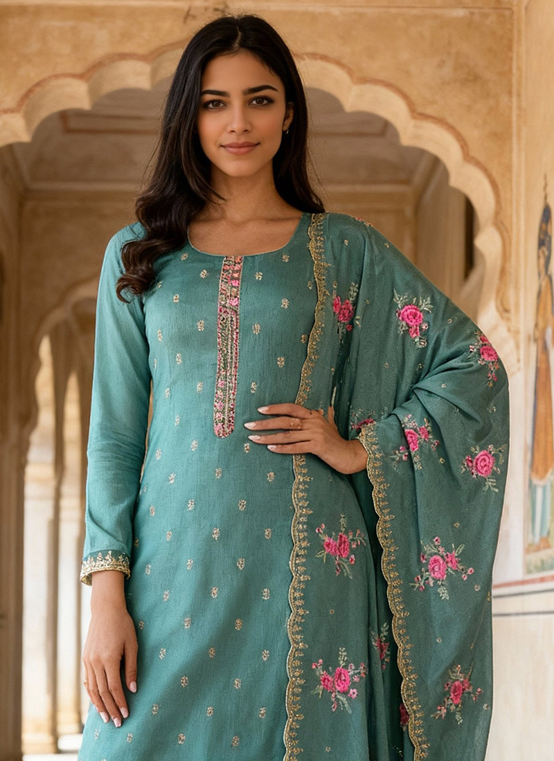 Dusty Blue Heavy Jacquard Silk Pant Straight main image 1
