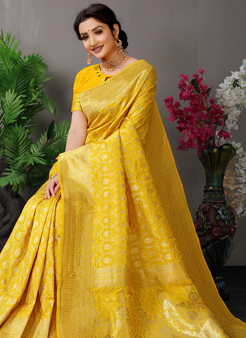 Buy Soft Silk Yellow Color Zari Work Saree Festive Wear Online at Best