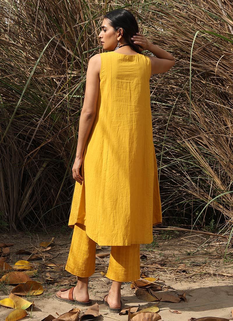 Mustard Viscose Elegant Kurta Pant Set With Embroidery Work