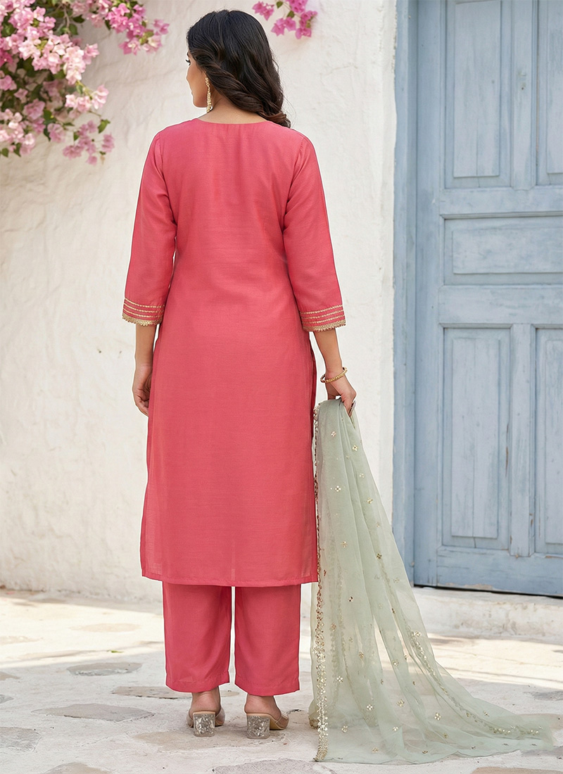 Pink Gold Crushed Silk With Embroidered Pant Salwar Suit