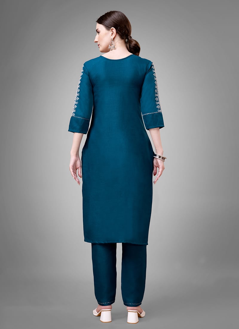 BLUE COTTON  EMBROIDERED PANT