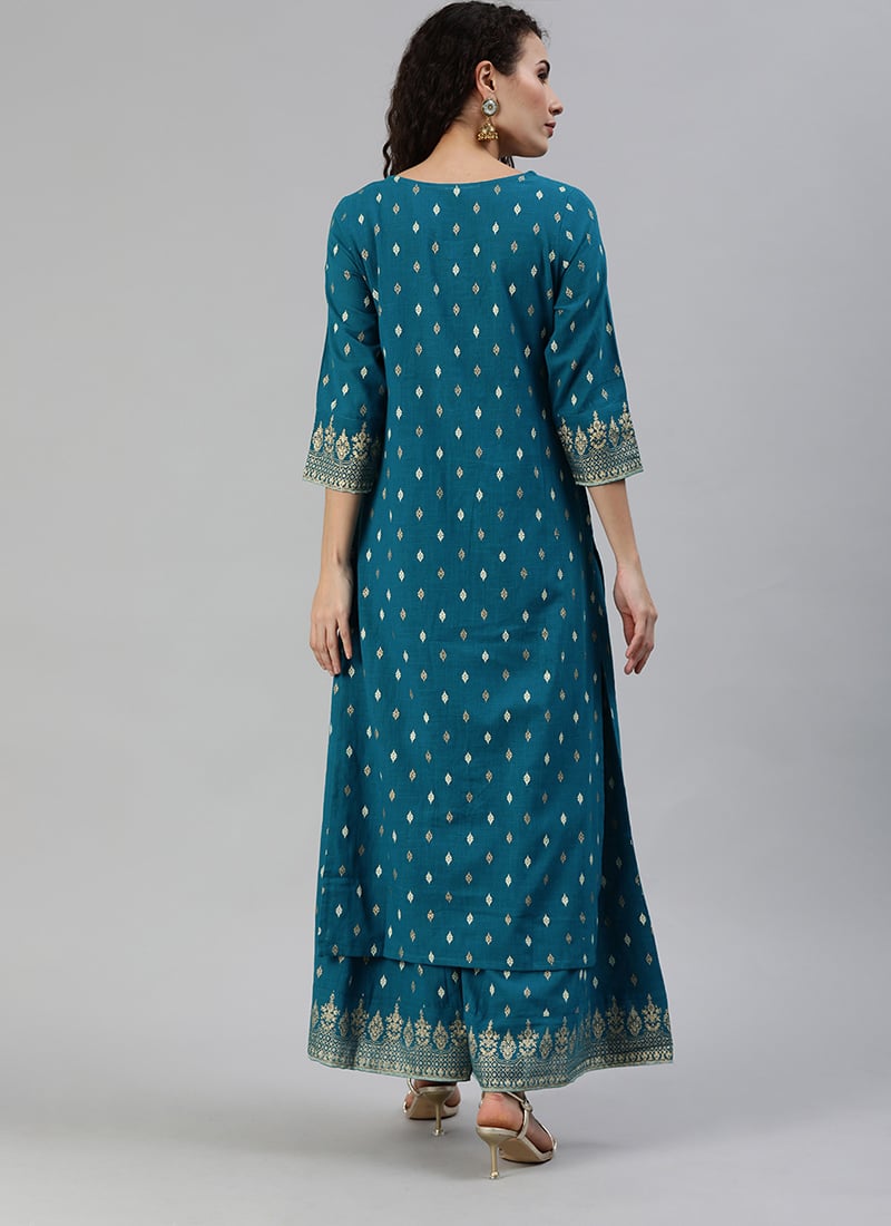 Red Zari Work Kurta Palazzo Suit With Organza Dupatta