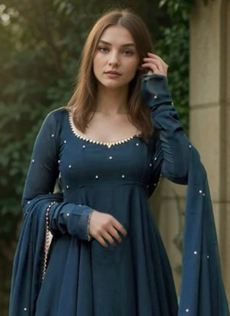 Women Teal Blue Georgette Embroidered Anarkali Suit