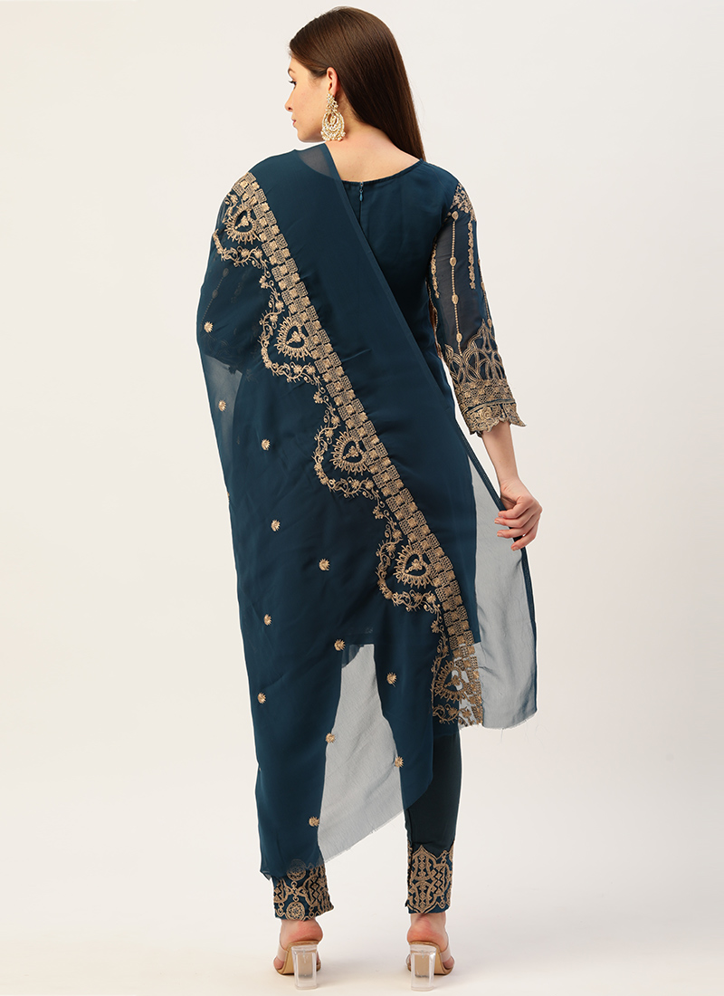 Teal Pant style Suit Georgette main image 0