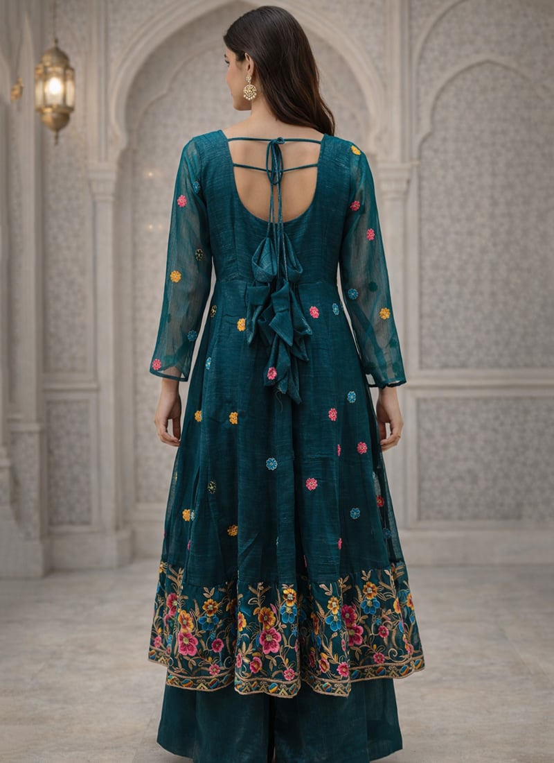 Dark RamaGreen Soft Chiffon Floral Print Hand Embroidered Anarkali Suit with Beautiful Sequins work Organza Duppata