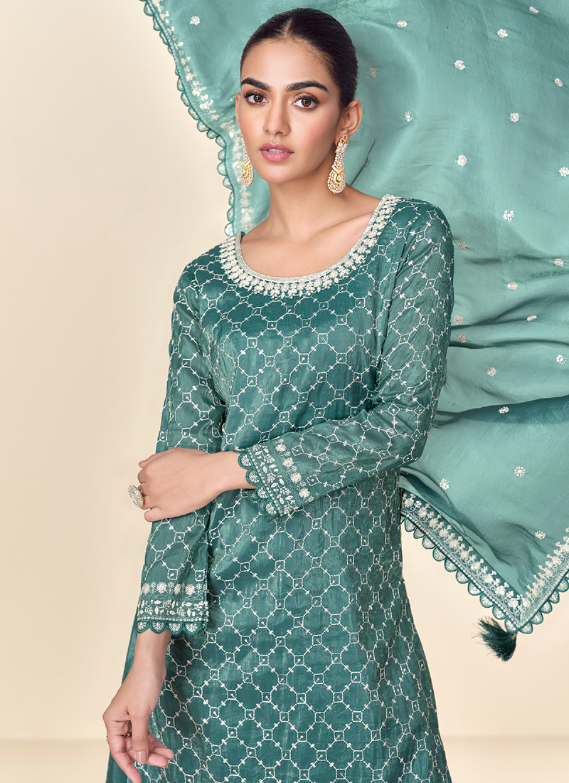 Gorgeous Teal Chinnon Mehndi Wear Palazzo Suit