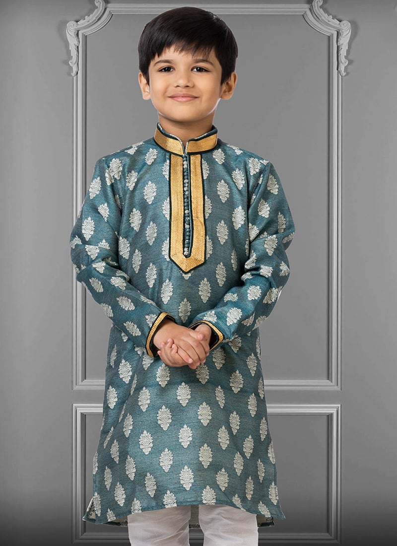 Boys Teal Green & White Embroidered Kurta with Pyjamas