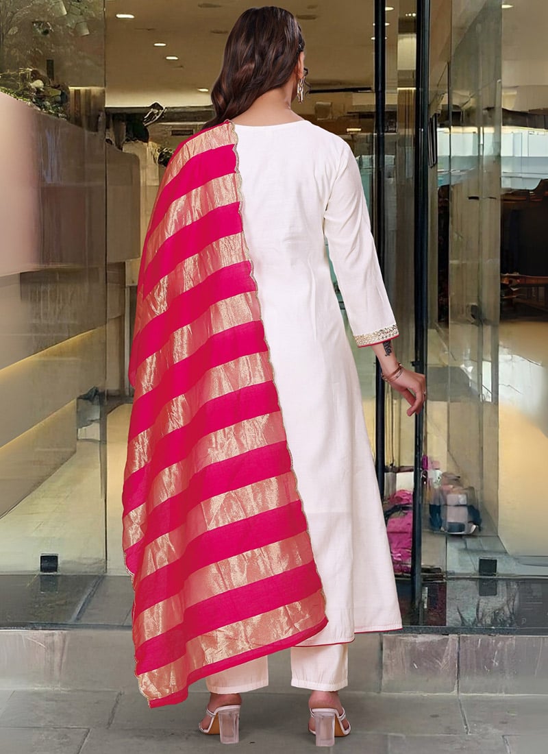 White Chanderi Silk Pant Salwar Suit main image 1